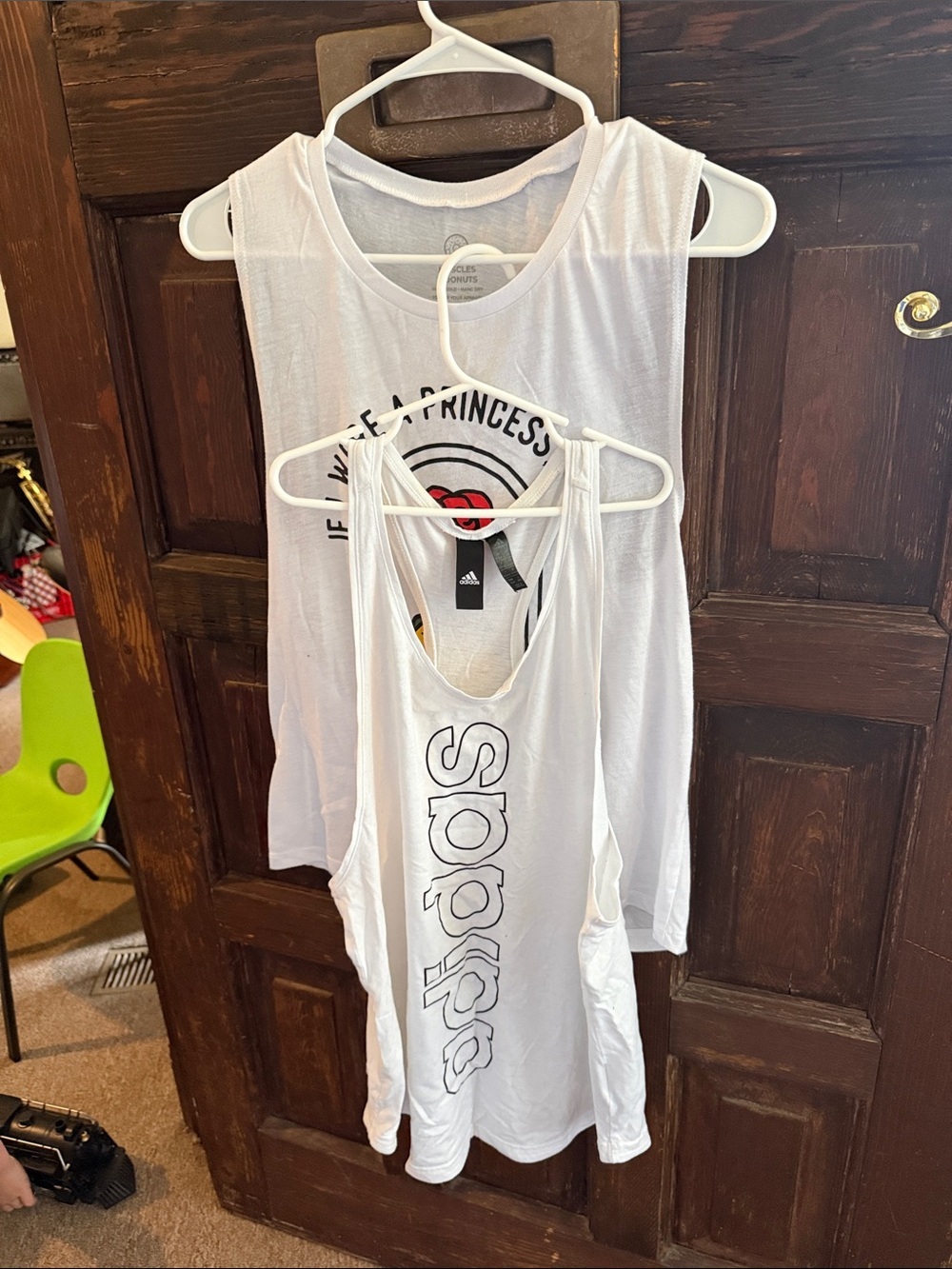 Bundle of 2 white workout tanks - adidas and muscles & donuts